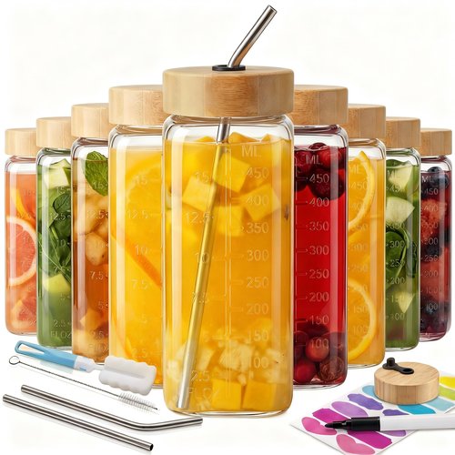HomArtist 16oz Square Glass Juice Bottles with Lids, 9 Pack Reusable Juice Containers with Bamboo Lids, Glass Juicing jars with 4 Straws & 2 Airtight Lid with Hole for Drinking