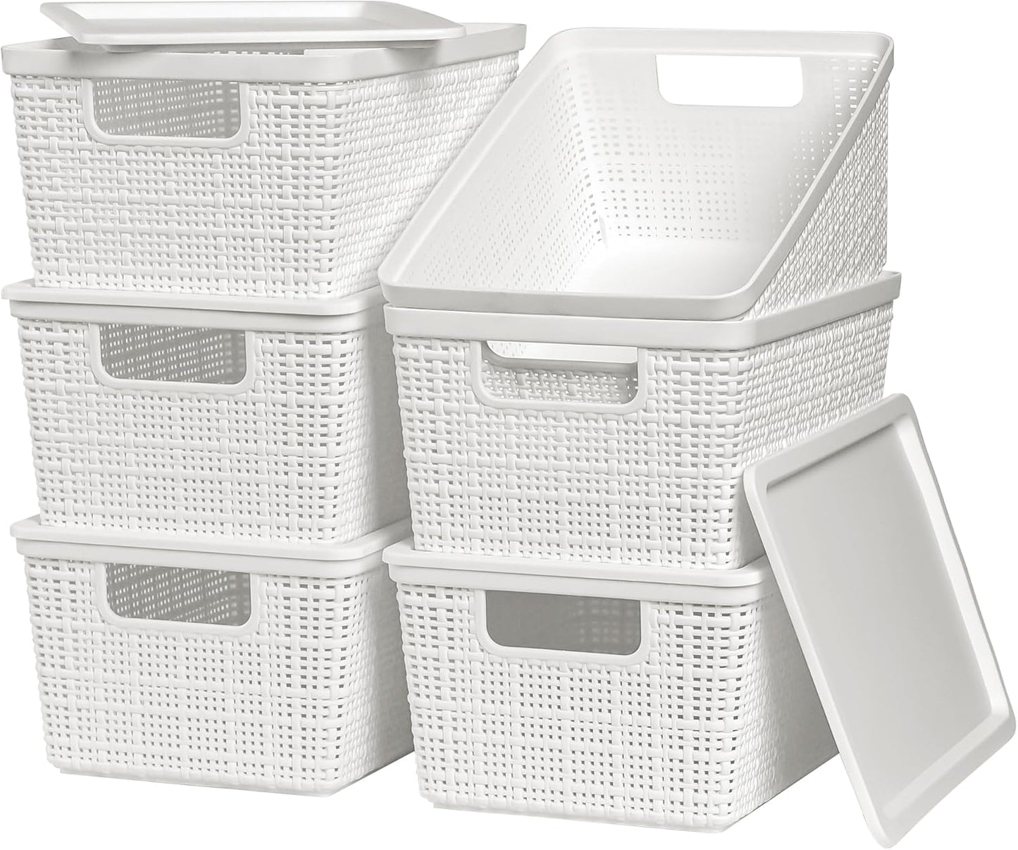 Skiennix 6-Pack Plastic Storage Baskets - Stackable White Bins with Lids for Organizing Desktops & Closets