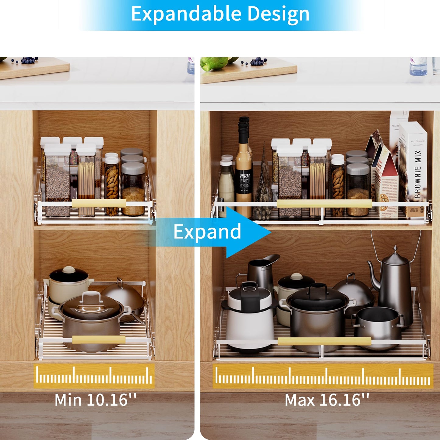 KIKIBRO Expandable Pull Out Drawer Cabinet Organizer, Adjustable Width Bottom-Mounted Slide Out Storage Shelves for Cabinets, Required Cabinet Size (W: 10.16"~16.36", D≥22.5"), 1 Pack