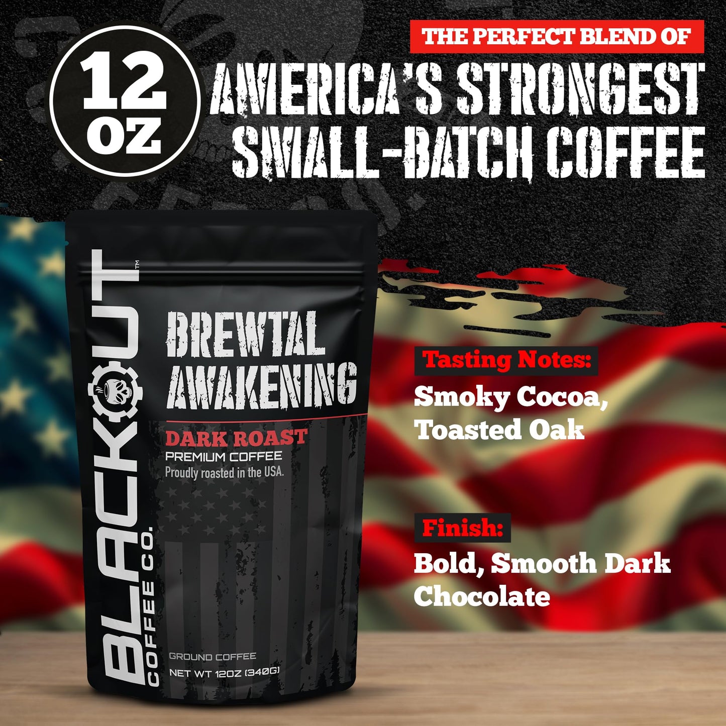 Blackout Coffee Brewtal Awakening Ground Coffee – Dark Roast, Bold Flavor – Freshly Roasted 12oz Bag
