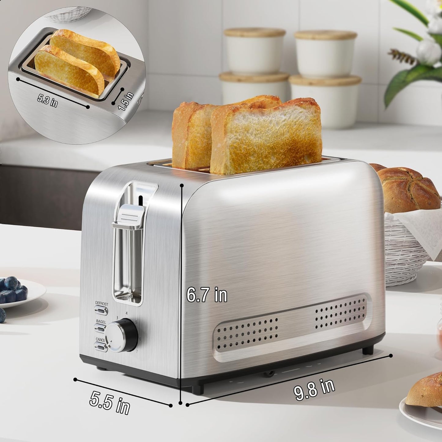 Runnatal 2-Slice Stainless Steel Toaster - Multifunctional with 7 Toast Settings & Easy Clean | Silver Metallic