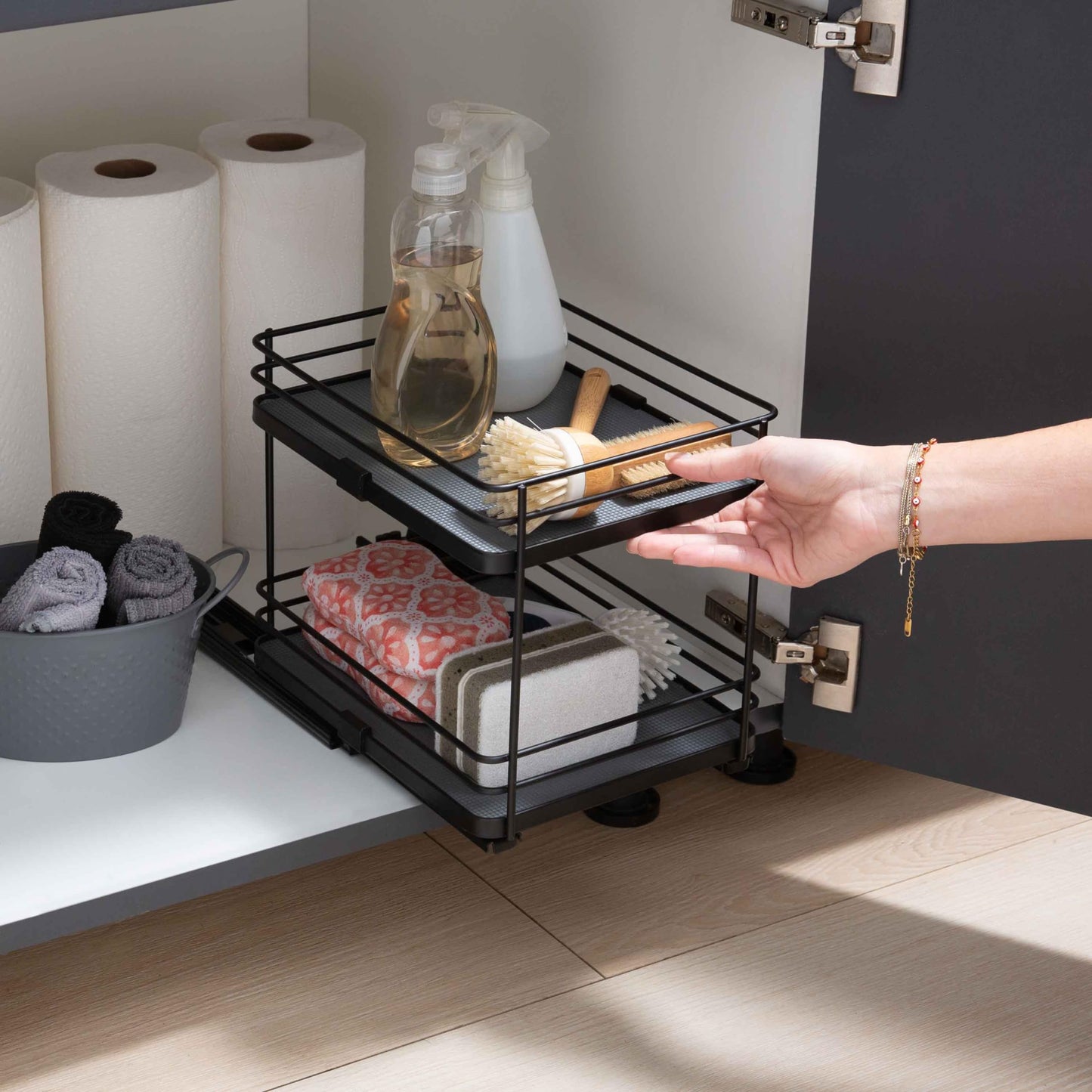 Organize It All Slide Out Shelf Organizer| Dimensions: 8"x 10.2"x 9"| Space Saver | Easy Glide Mechanism | Black.