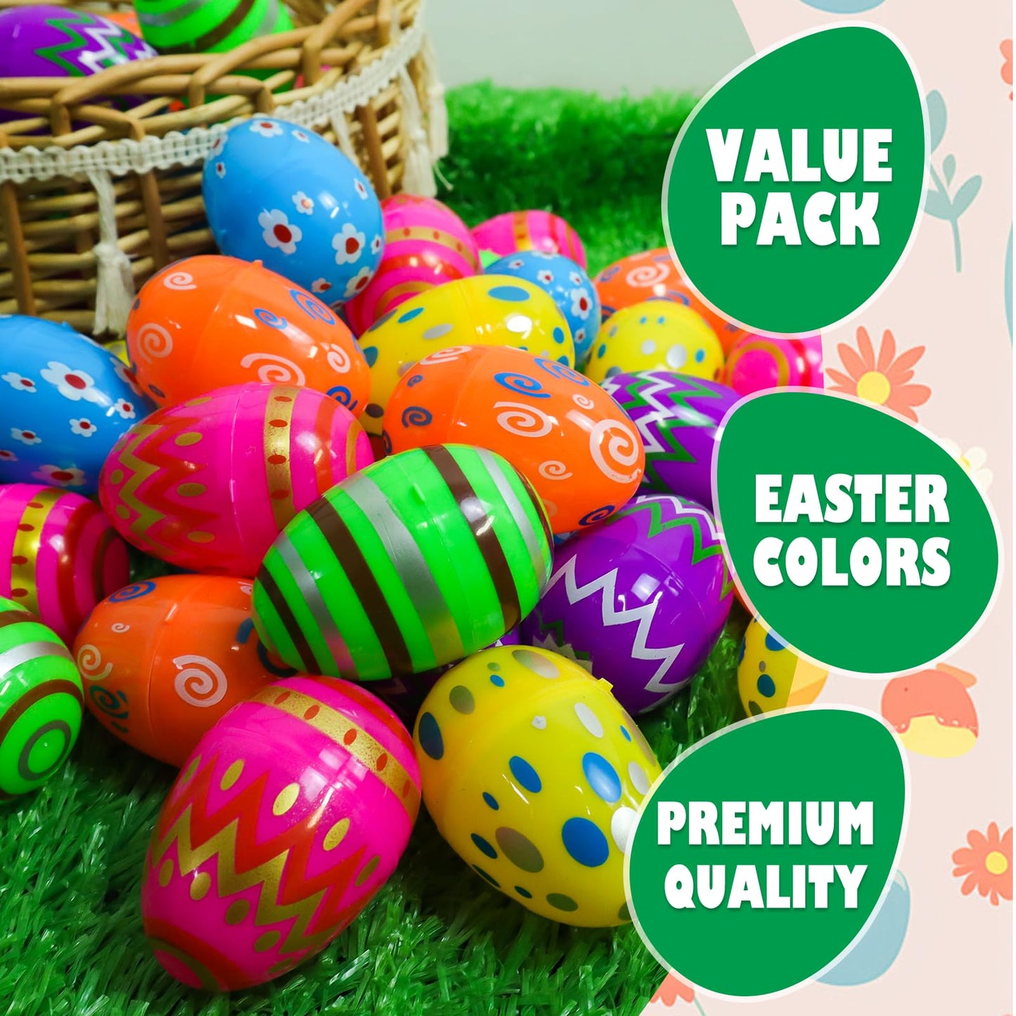 JOHOSEEK Plastic Easter Eggs Fillable, 36 PCS Printed Bright Easter Eggs Empty, Colorful Eggs for Easter Gifts Party Favors Eggs Hunt, Easter Basket Stuffers, Plastic Eggs Bulk