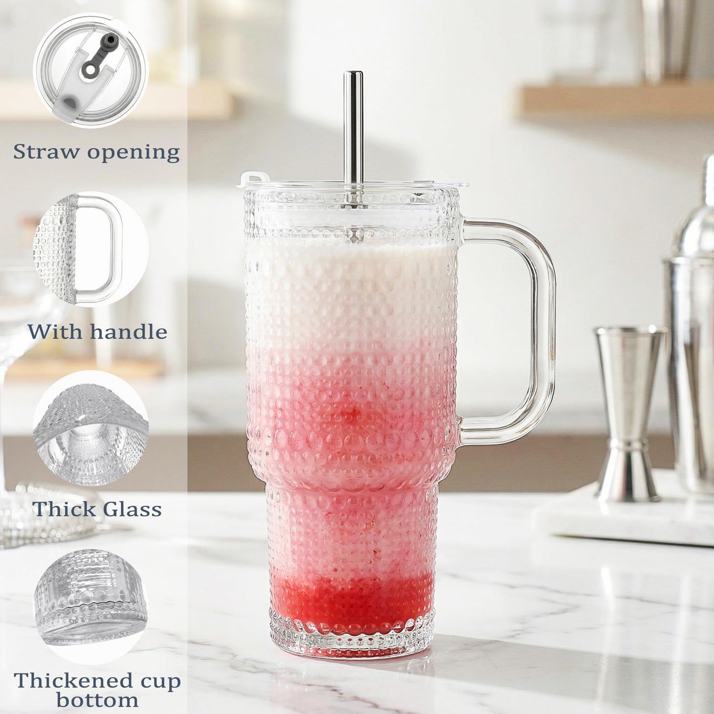 WACOI Thick Hobnail Glass Cup with Lids and Straws, Upgraded Version Iced Coffee Tumbler Cups with Stainless Steel Straws and Leak-proof Sealing Lid 2 Pack 18 oz