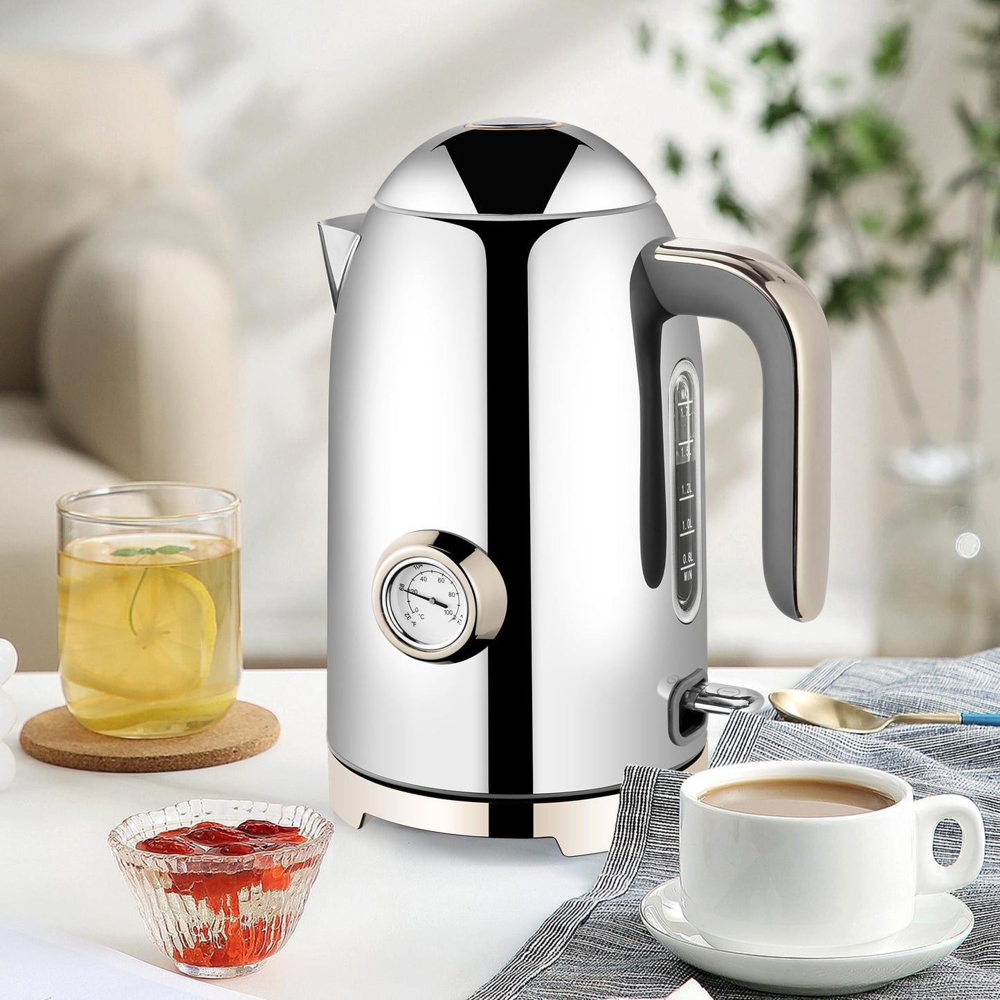 SUSTEAS Electric Kettle - 57oz Hot Tea Water Boiler with Thermometer, 1500W Fast Heating Stainless Steel Pot, Cordless LED Indicator, Auto Shut-Off & Boil Dry Protection, Silver
