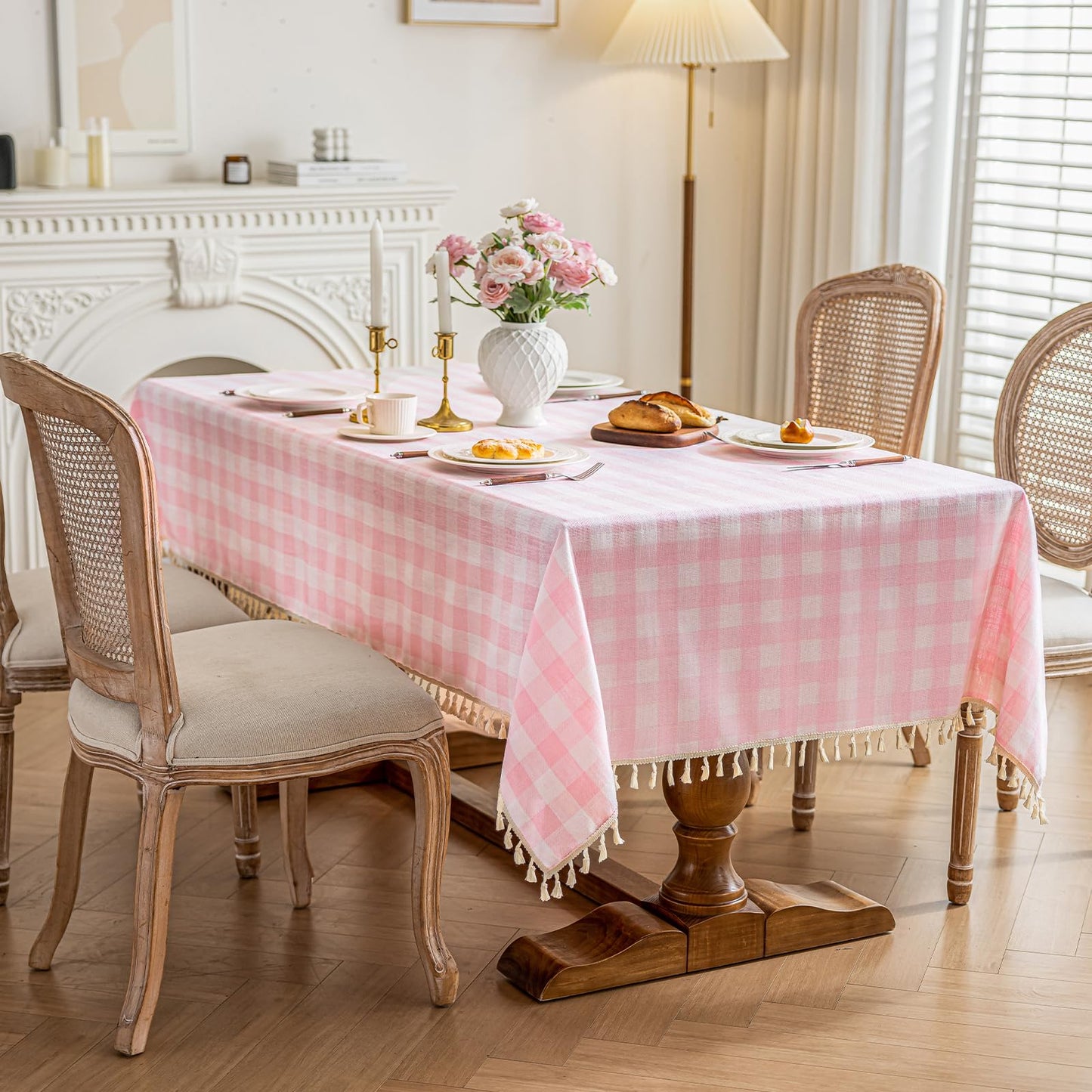NALVXIN Checkered Tablecloth Rectangle Cotton Linen Gingham Table Cloth with Tassel Washable Wrinkle Free Heavy Duty Buffalo Plaid Table Cover for Dining/Party/Picnic (Pink, 55" x 55" (Square))