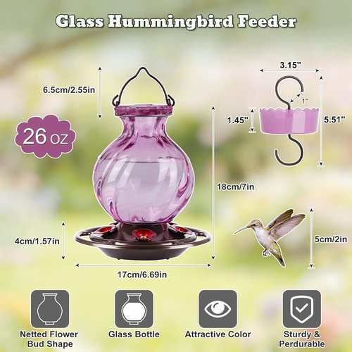 Auslar Hummingbird Feeder - 26 Ounce Purple Outdoor Feeder with Ant Moat & 5 Feeding Ports