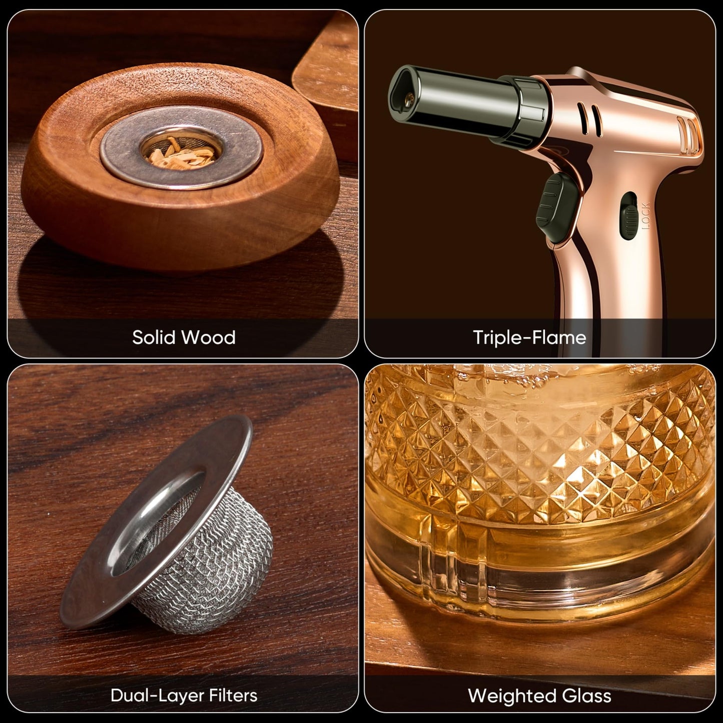 VYRONALEN Whiskey Smoker Kit with Torch, 6 Wood Chip Flavors, 2 Heavy Whiskey Glasses, 2 Ice Ball Molds, Cocktail Smoker Kit for Old Fashioned, Bourbon & Drinks, Gift Set for Men, Father (No Butane)