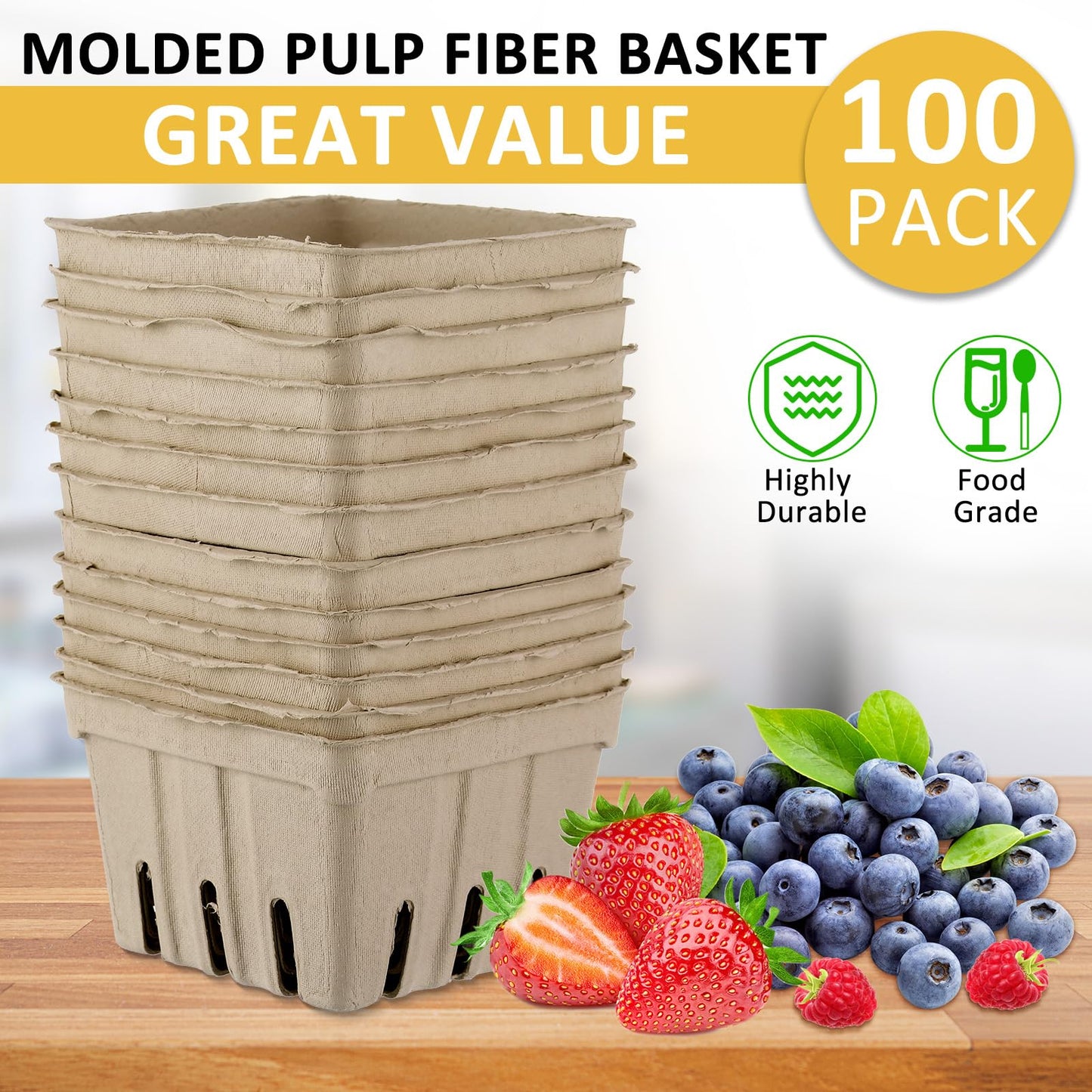 Amyhill 100 Pack Pulp Fiber Basket Set Include 100 Strawberry Berry Basket Small Vented, 100 Clear Packaging Bags, 100 Tie Strips for Kitchen Market Fruit Vegetable Produce Storage(Green)