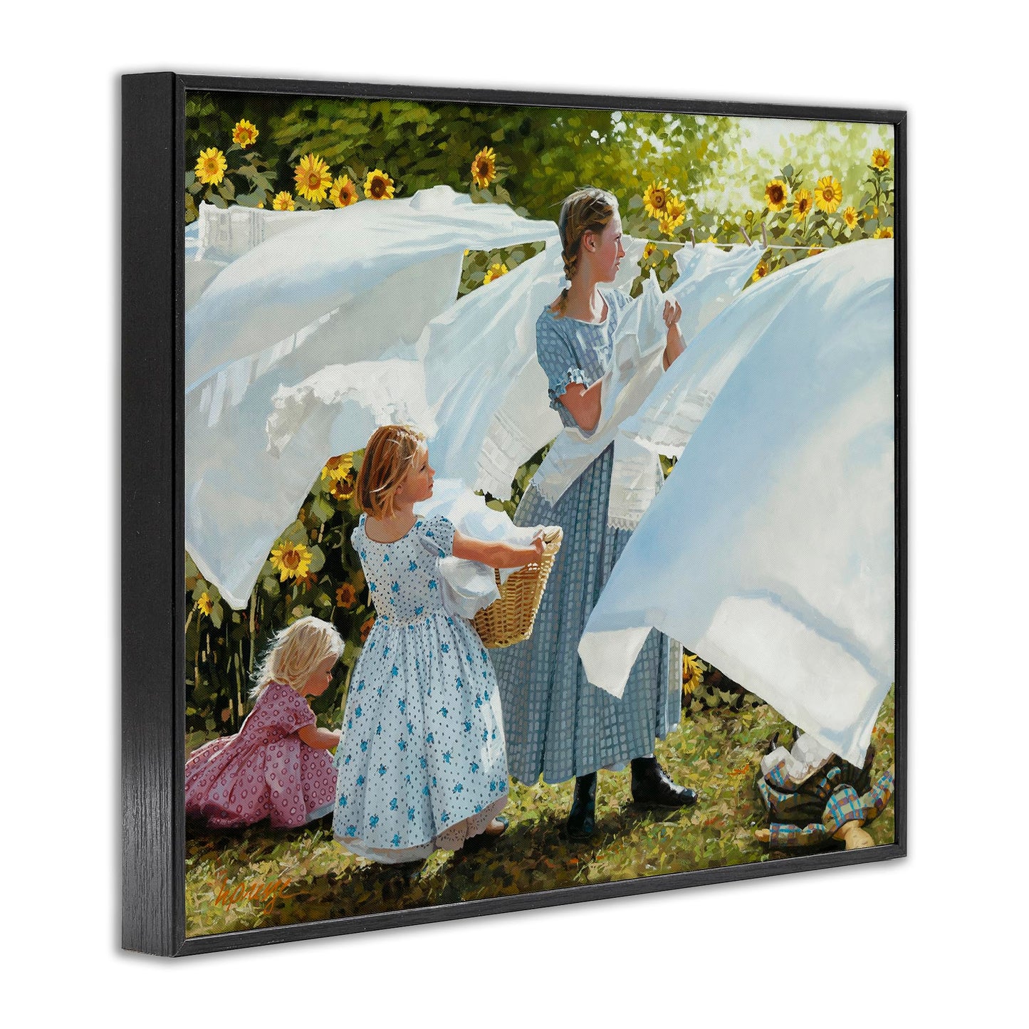 Stupell Industries 'Farm Children Doing Laundry Linens', Framed Giclee Art, Black, 20 x 16 Inches, Easy to Hang and Sturdy, Made in USA, by Heide Presse