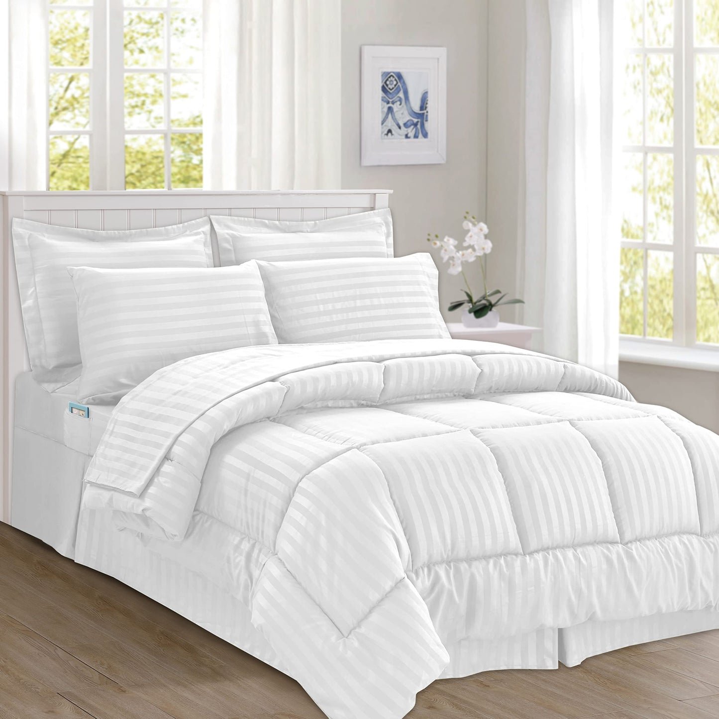 Elegant Comfort Cozy and Soft 8-Piece Bed-in-a-Bag All Season Comforter Set, Includes 4pc Smart Sheet Set, Bed Skirt, Comforter, Matching Pillowcases and Shams, Striped Design, King/Cal King, White