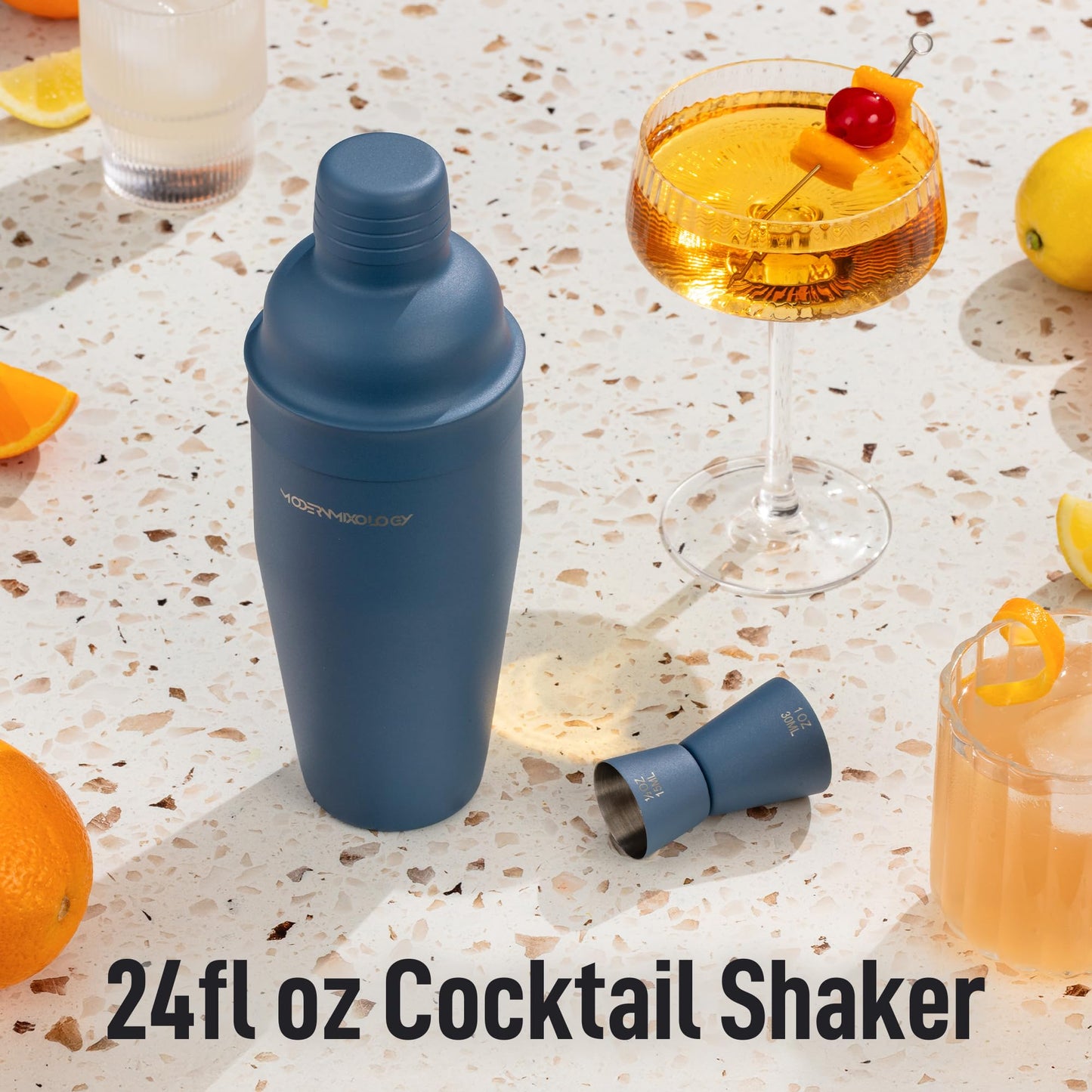 Modern Mixology 24oz Matte Blue Cocktail Shaker Set – Bartender Essentials with Built-In Strainer, Cap, Jigger for Martini, Margarita, More – Luxury Drink Mixer Kit for Bar, Gift for Men and Women