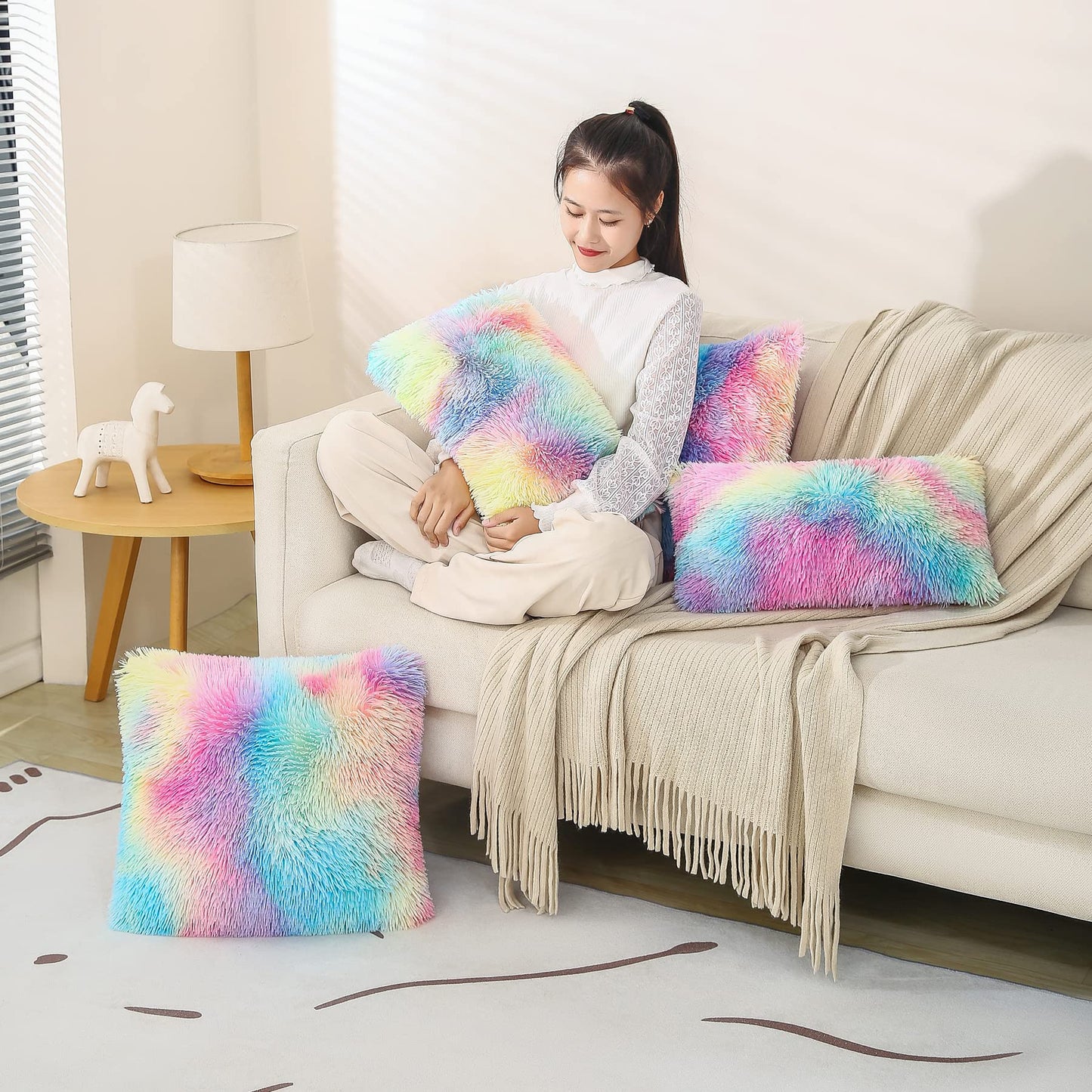 Dongchen Soft Fur Faux Fur Throw Pillow Covers Pack of 2 Peach Blush Plush Decorative Tie Dye Pink Throw Girls Pillow Covers Cute Cushion Cases Pillowcases for Sofa Couch Living Room Bedroom
