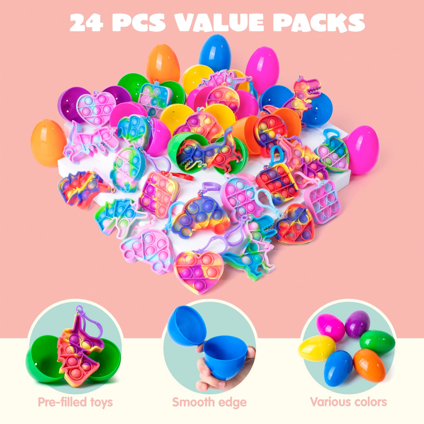JOYIN 24 Pcs Pre Filled Easter Eggs with pop Keychain Toys for Easter Theme Party Favor, Pop Fidget Stress Relief Squeeze Bubble for Eggs Hunt, Classroom Exchange and Game Prize Supplies