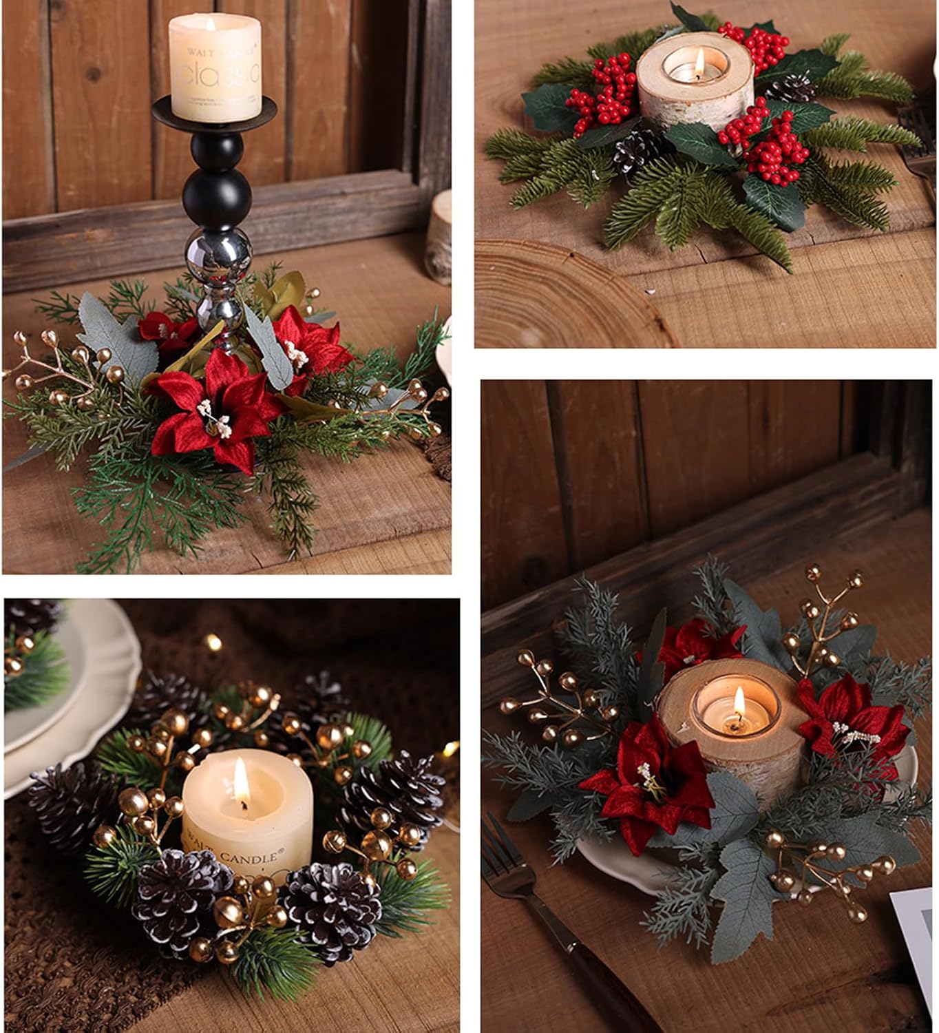 Regine Switzerland Christmas Candle Rings - Pine Needle & Berry Decoration for Winter Centerpieces