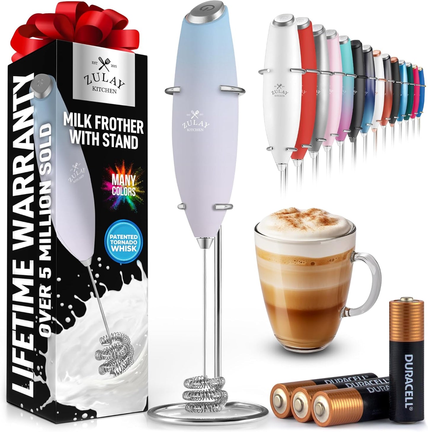 Zulay Kitchen Tornado Triple Whisk Milk Frother - Handheld Foam Maker for Coffee & Lattes - Includes 4 Duracell Batteries - Sky Cloud