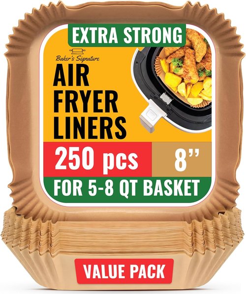 Baker's Signature Air Fryer Liners - 250 Pcs Non-Stick & Oil Proof for Easy Cleanup | 8” Square for 5-8 Qt Baskets