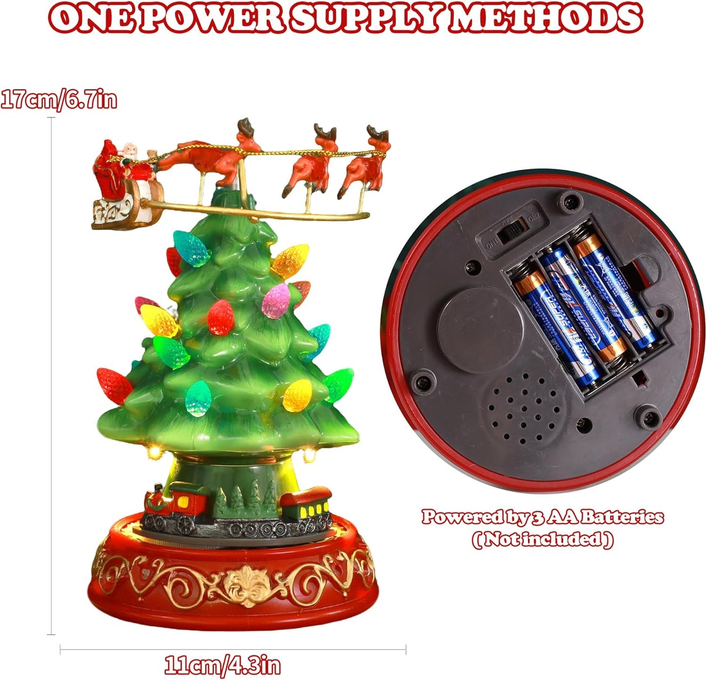 Musical Christmas Tree Decor - Rotating Train & Santa Elk Figurines with LED Lights | Festive Home Tabletop Decoration
