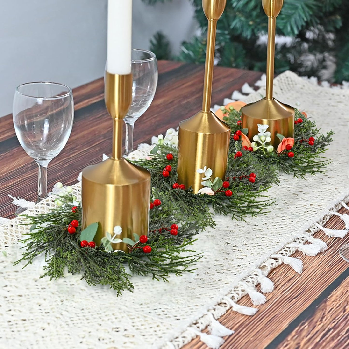 Skiennix Christmas Candle Rings - 4 PCS Artificial Berries & Pine Needles Wreaths for Home Decor
