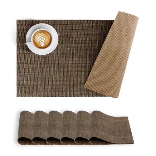 BACKTOEDEN Leakproof Placemats Set of 6, 2-Layer Waterproof placemat for No More Stains, Heat-Resistant Easy Clean Vinyl Table Place Mats for Kitchen Dining Indoor Outdoor, Dark Brown