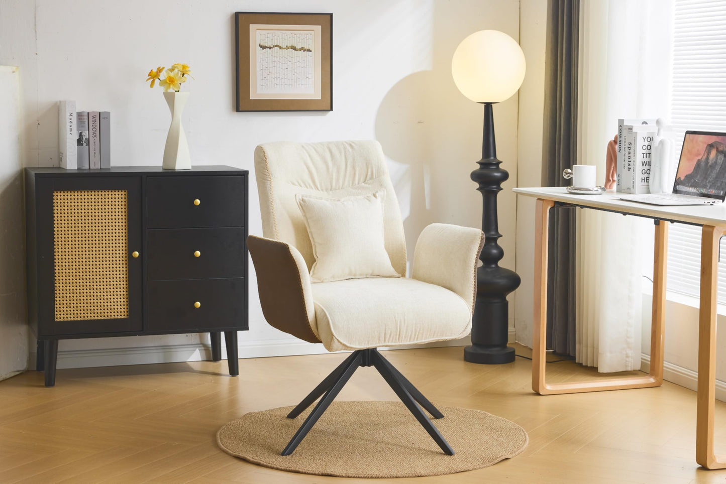 VINGLI Beige Chenille Office Desk Chair No Wheels,Comfy Modern Swivel Padded Arm Chair with Back&Lumbar Pillow,for Home,Makeup Vanity,Computer,Task,Nail Tech,Sewing,Dining,Bedroom,Living Room