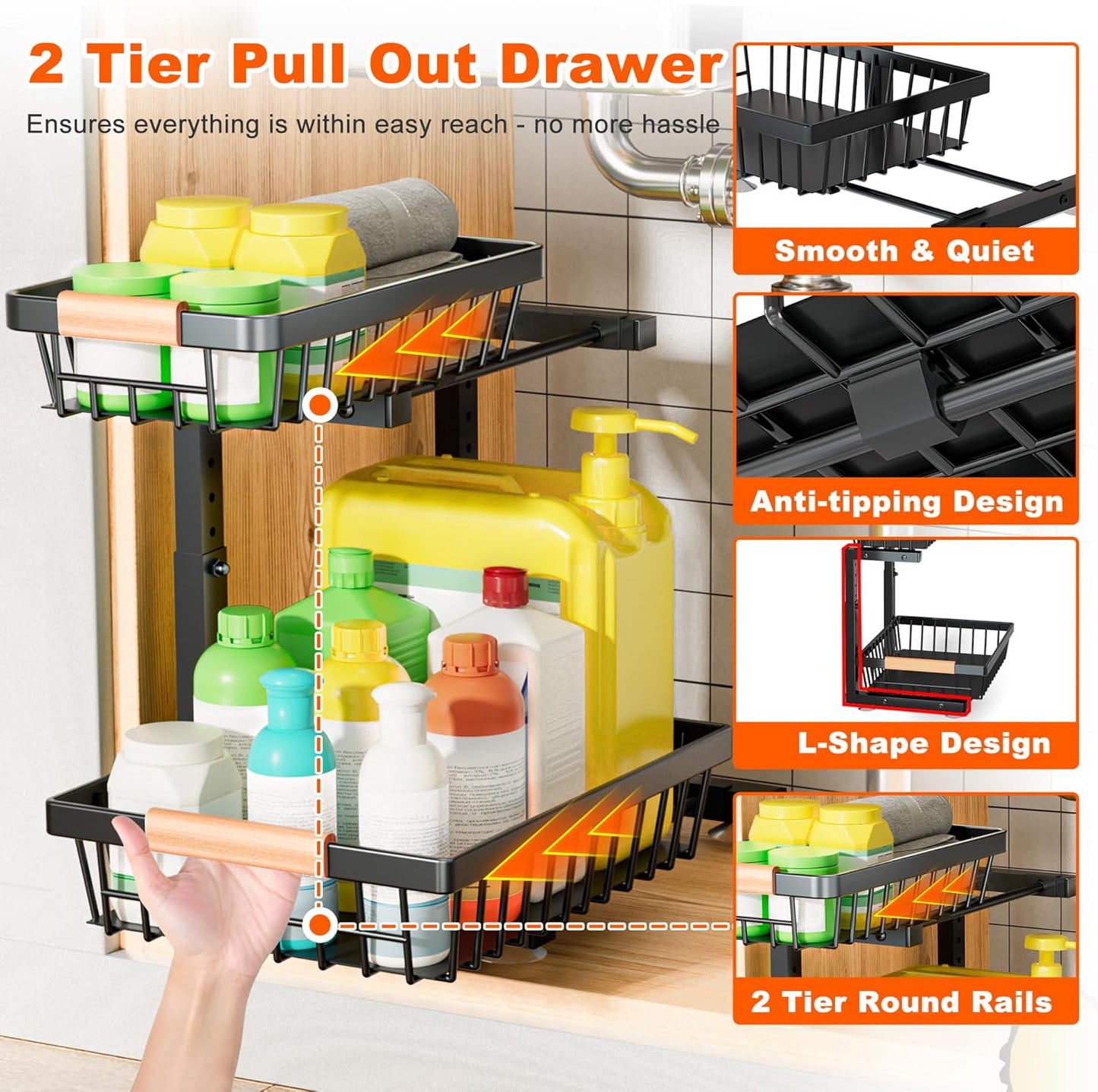 Under Sink Organizer | 2-Pack Adjustable Metal Shelves for Kitchen & Bathroom Storage - Black