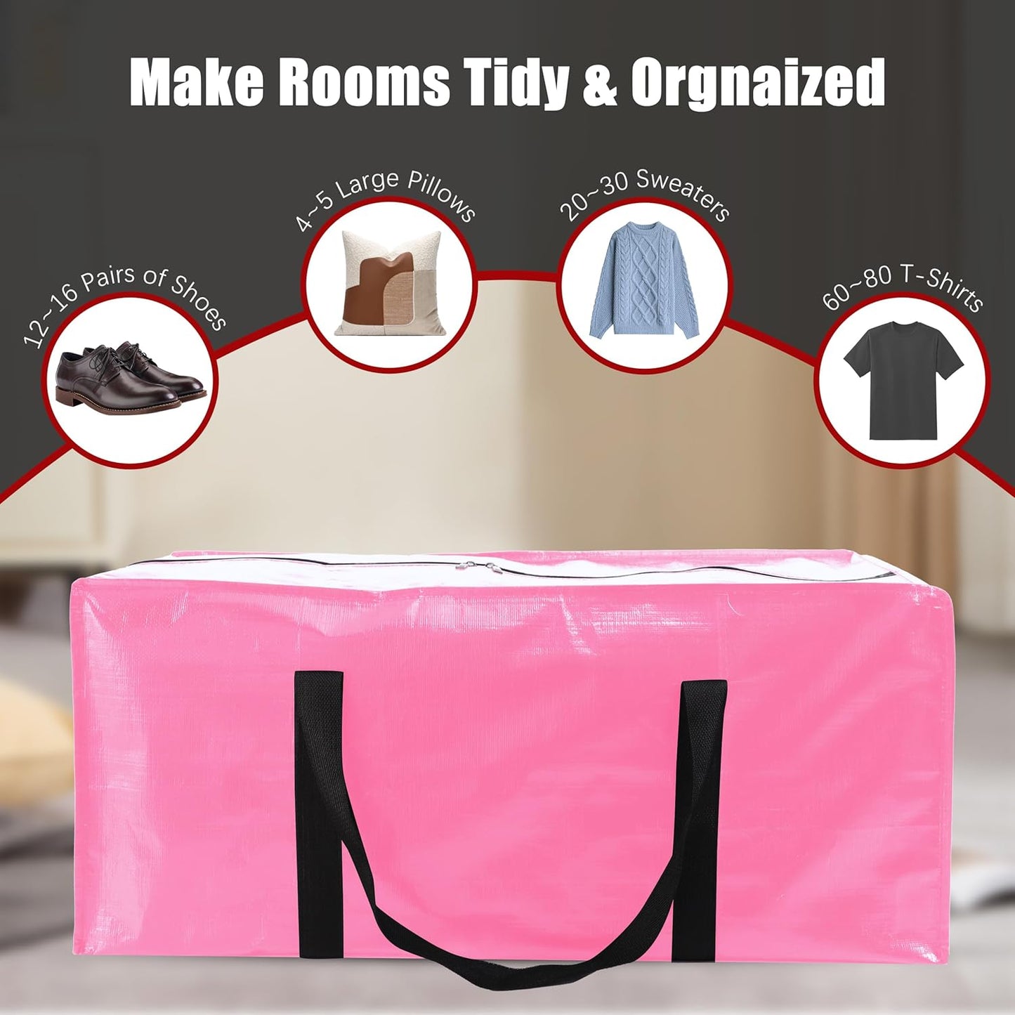 PANDA JOYS Extra Large Moving Bags - Heavy-Duty Storage Totes with Zippers & Handles | 12 Pack, Pink