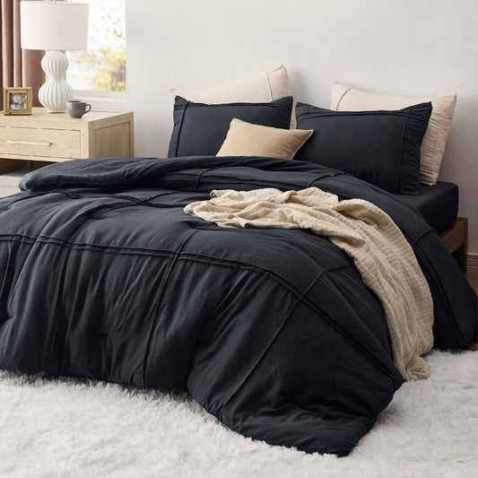 Bedsure California King Comforter Set with Sheet - 4 Pieces Soft Black Bedding, Grid Pinch Pleat, All Season Lightweight Fluffy Bed Set with Solid Boho Comforter, Pillowcases & Sheet