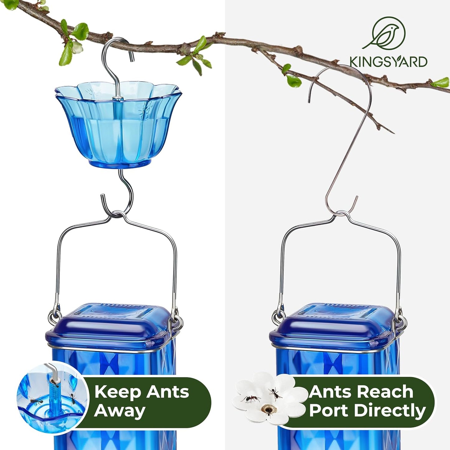 Kingsyard Hummingbird Feeder - 24 Ounce Glass Design with 6 Feeding Ports & Ant Moat | Blue Garden Décor