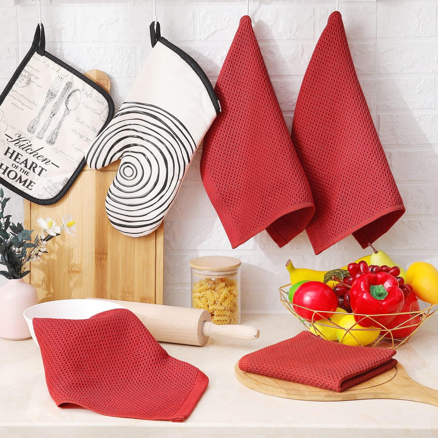 Homaxy 100% Cotton Waffle Weave Kitchen Dish Cloths, Ultra Soft Absorbent Quick Drying Dish Towels, 12 x 12 Inches, 6-Pack, Brick Red