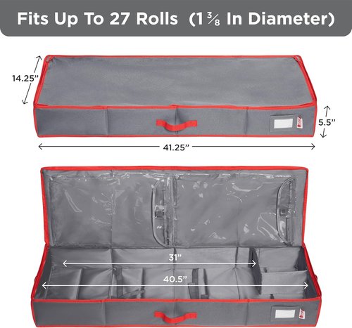 HOLDN' STORAGE Premium Wrapping Paper Storage Container - Durable 600D Tear-Proof Design | Fits 27 Rolls with Extra Pockets for Ribbons & Bows - Ideal for Holiday Use, Grey/Red Trim