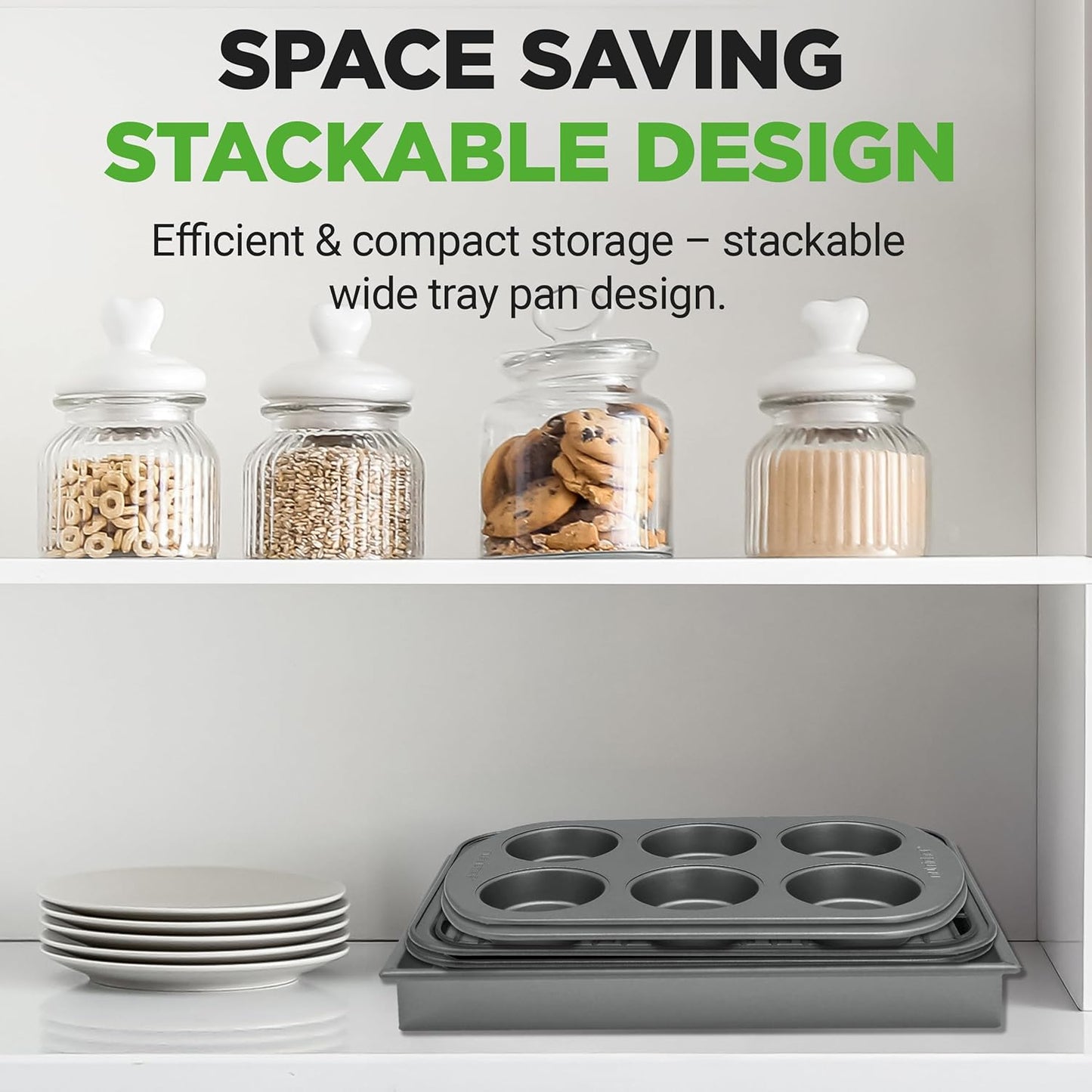 NutriChef 6-Piece Toaster Oven Bakeware Set - Non-Stick, Stackable Carbon Steel Pans & Muffin Trays