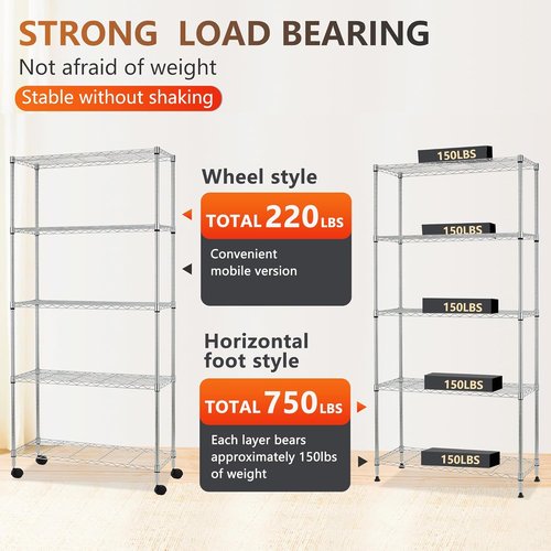 FDW 5-Tier Wire Storage Shelves with Wheels - Adjustable Heavy-Duty Metal Rack | Chrome, 30"x14"x61" | Tool-Free Assembly, Rust-Resistant, Holds Up to 220 lbs | Ideal for Home & Garage Storage