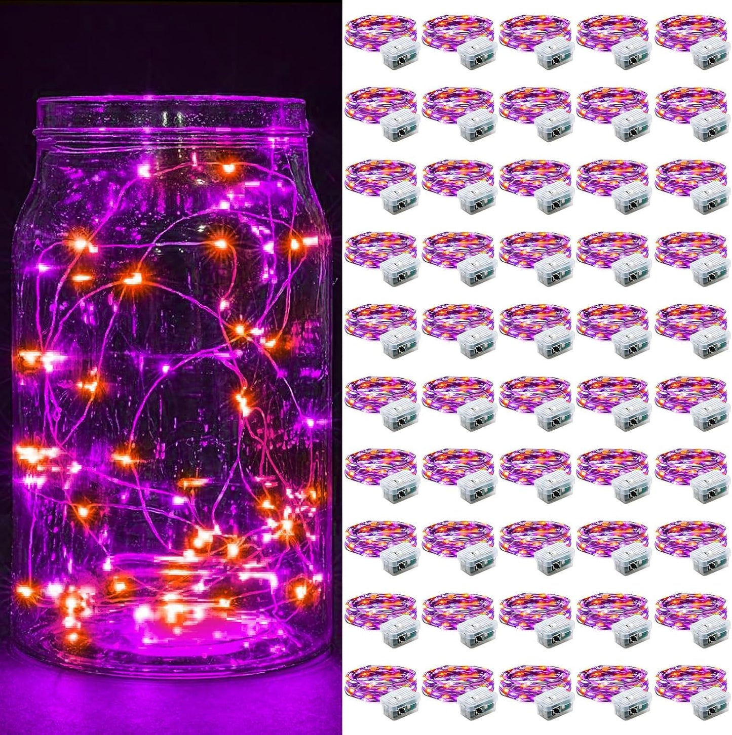 Skiennix 50 Pack Fairy Lights - 7Ft 20 LED Twinkle String Lights | Battery Operated & Waterproof for Parties, Weddings, and Holidays - Orange & Purple