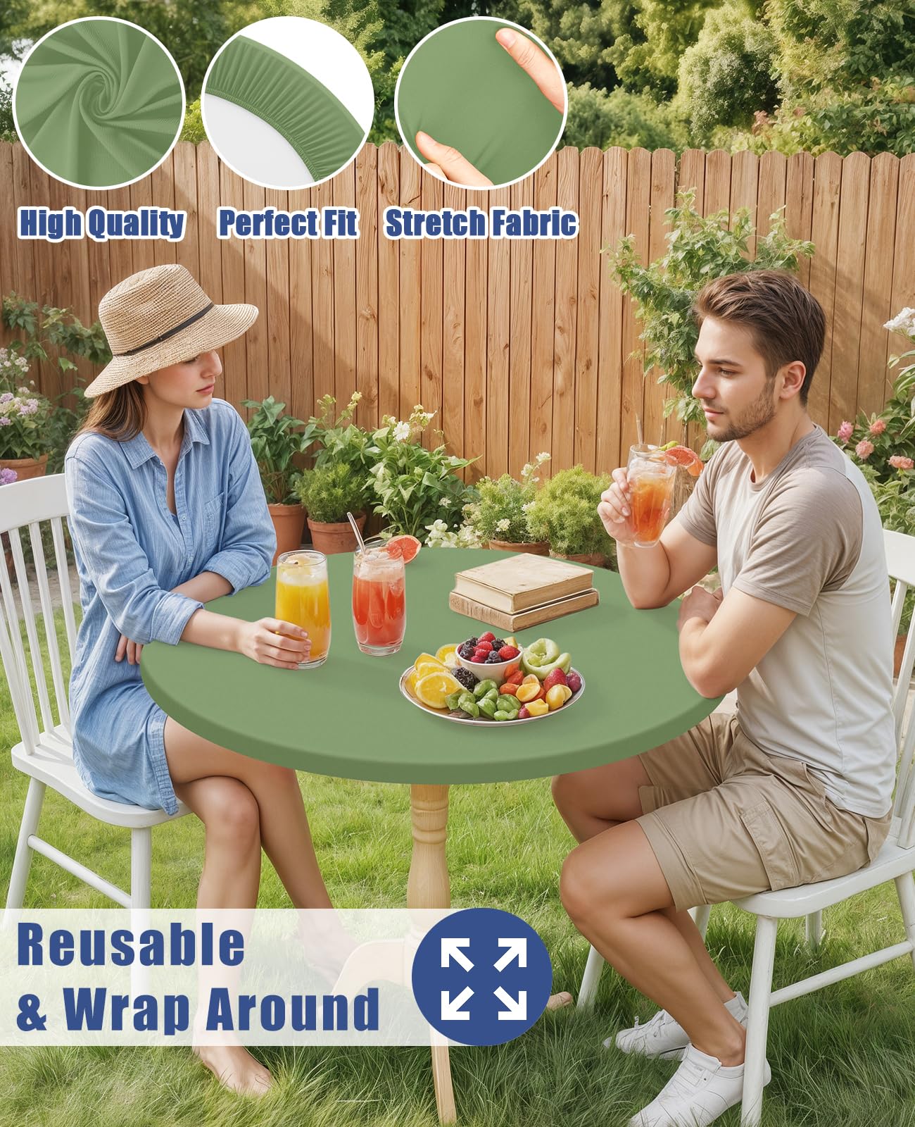 Moosfor Round Spandex Tablecloth, Elastic Fitted Waterproof Tablecloths for 51"-62" Tables, Stretch Washable Picnic Table Cover for Camping, Dining, Indoor and Outdoor, Sage Green
