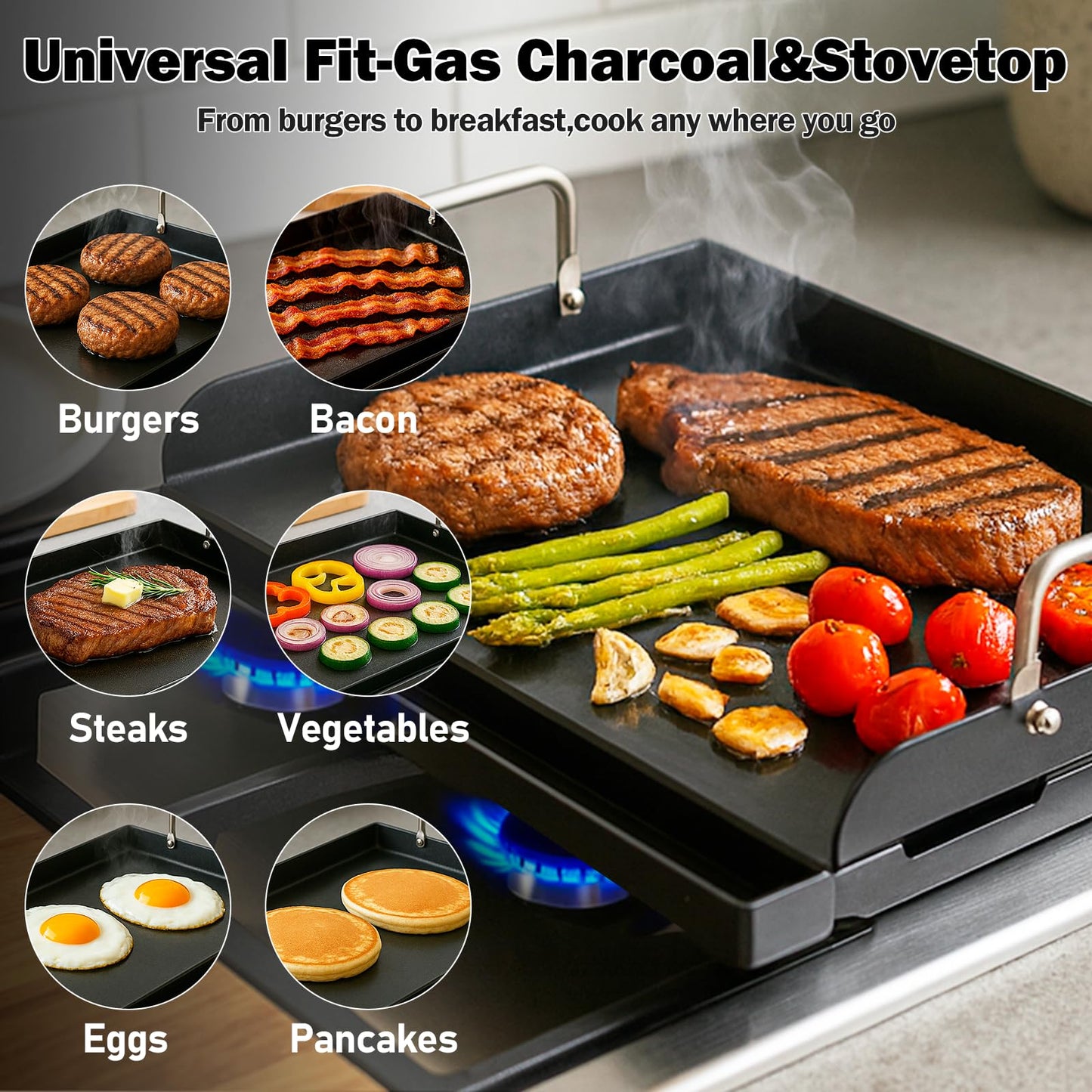 Nonstick Nanoceramic Griddle Plate, Pre-Seasoned Heavy-Duty Flat Top Insert, Universal Outdoor Cooking Griddle for Gas Grill/Charcoal/Gas Stove, Camping, Tailgating, Parties & Backyard BBQ, 17"x13"
