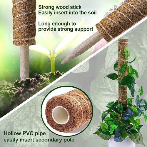 Fabulas Moss Pole - 47.5 Inch Monstera Plant Support with 4 Packs of 16 Inch Coco Coir Stakes