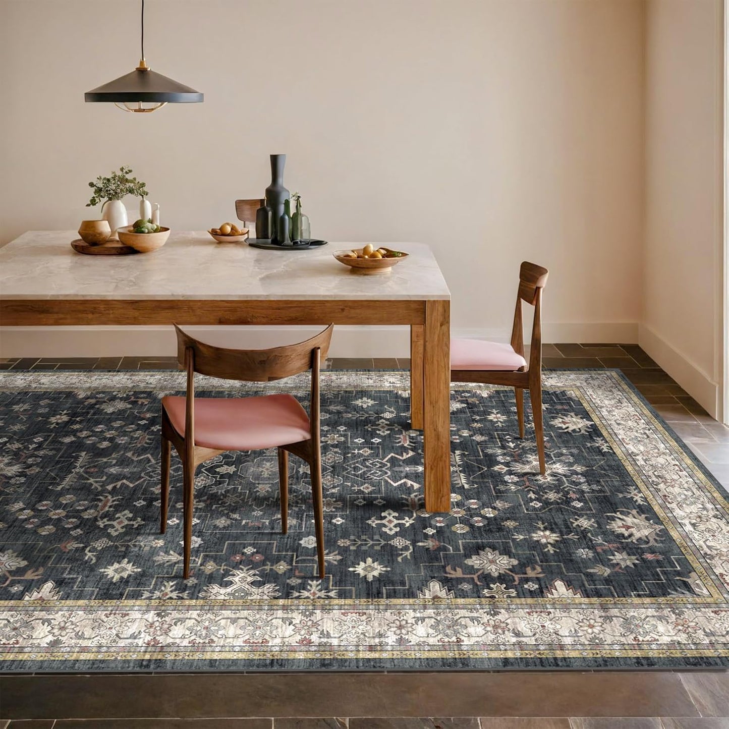 Skiennix Black Boho Rug - Washable Vintage Soft Low Pile Carpet for Living Room 8x12 | Non-Slip Design for High Traffic Areas