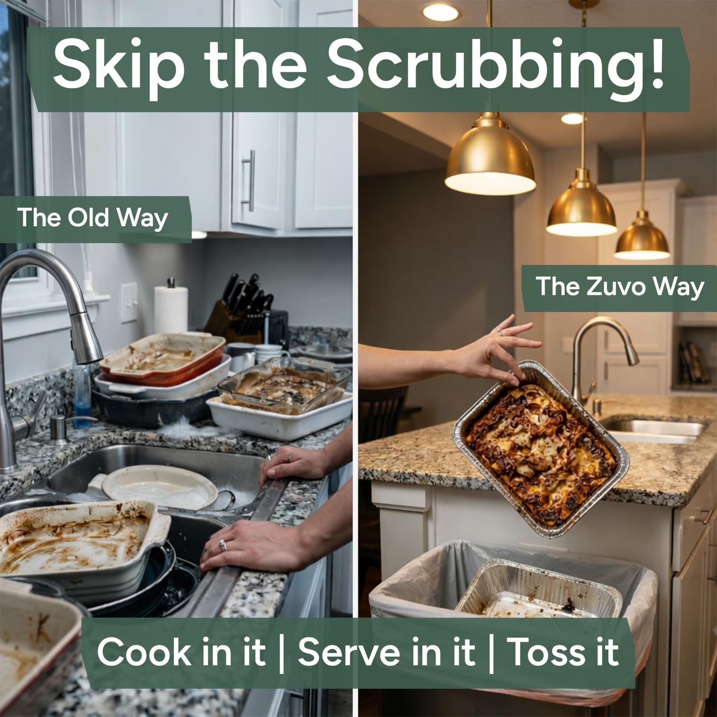 Zuvo 9x13 Aluminum Foil Pans (30 Pack) - Disposable Half Size Deep Steam Table Pans, Heavy Duty Tin Foil Trays for Roasting Turkey, Lasagna, Casseroles - Thanksgiving, Christmas, BBQ, Catering
