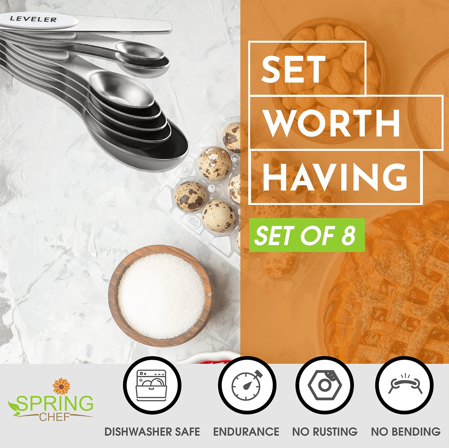 Spring Chef White Stainless Steel Magnetic Measuring Spoons Set of 8 with Leveler, Dual Sided Metal Teaspoon & Tablespoon Measuring Spoons, Fits in Spice Jars, Kitchen Gadgets for Baking & Cooking
