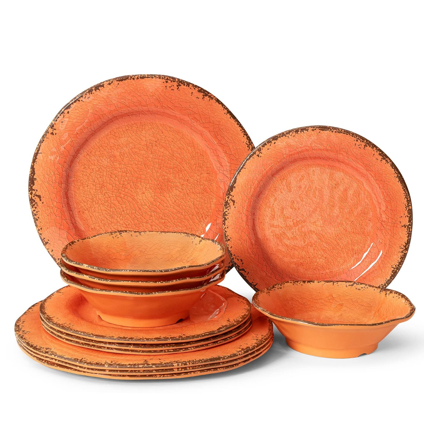 LEHAHA Melamine Salad/Dessert Plates, Crackled Design Plates Set of 6, 9 inch Small Dinner Plates, Modern Rustic Kitchen Serving Dishes for Party, Picnic and Camping Use, Orange