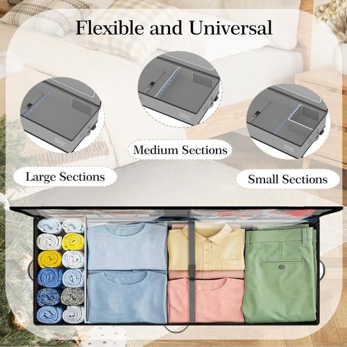 GoMaihe Under Bed Storage - 70L Rolling Bins for Wrapping Paper, Toys & Clothes | Includes Mesh Bag & Adjustable Dividers, Grey