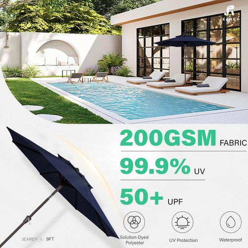 JEAREY 9 ft Patio Umbrella - 2-Tier Outdoor Market Umbrella with Push Button Tilt & UV Protection | Navy Blue