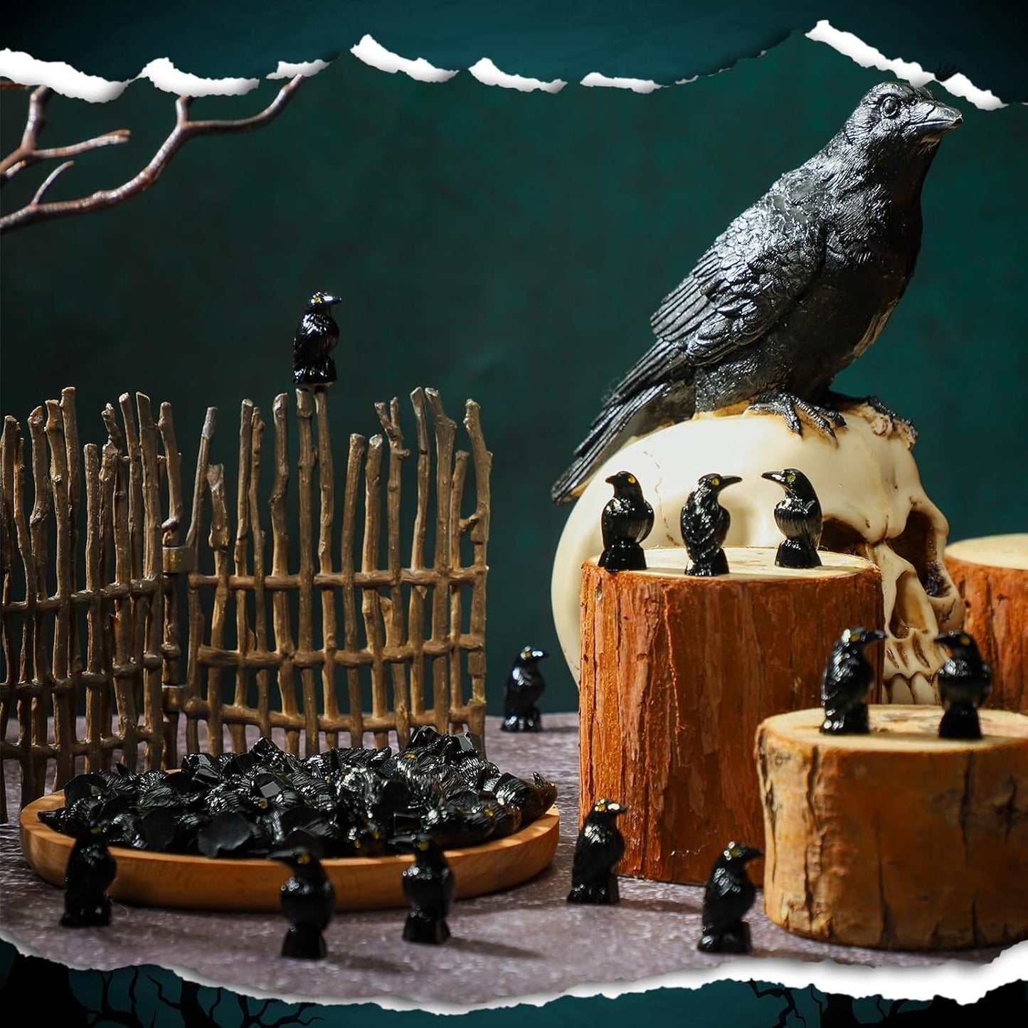 Skiennix Miniature Crows Decor - 100 Pcs Black Resin Raven Figurines for Spooky Holiday Scenes