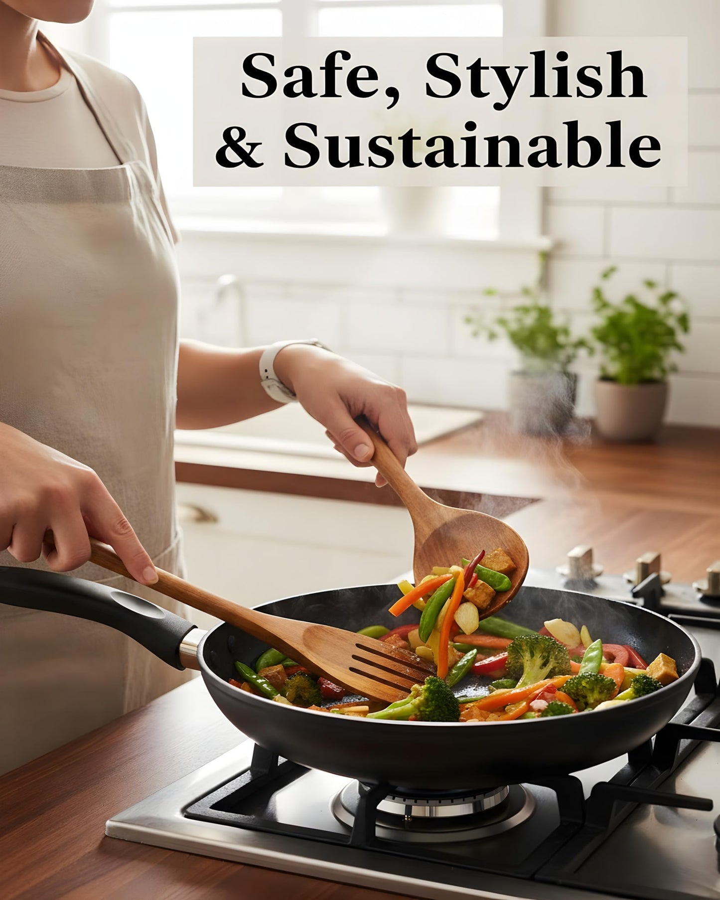 6-Piece Natural Teak Wood Utensil Set - Compact Nonstick Cooking Spoons & Spatulas, Durable Wooden Tools