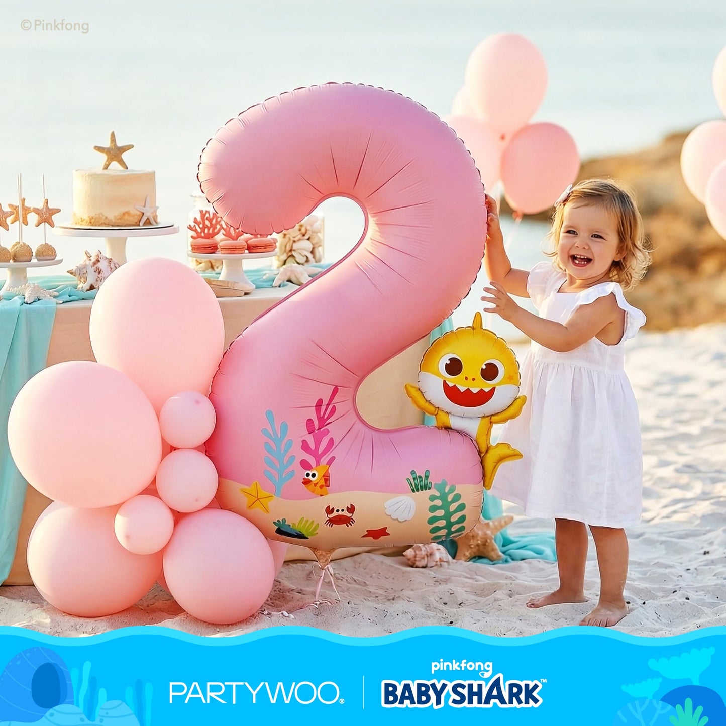 PartyWoo Baby Shark Pink Foil Number 2 Balloon 40 Inch Pink Mylar Helium Birthday Number Balloons for Girls and Boys Baby Shark Under the Sea Ocean Theme Kids Second Birthday Party Decorations