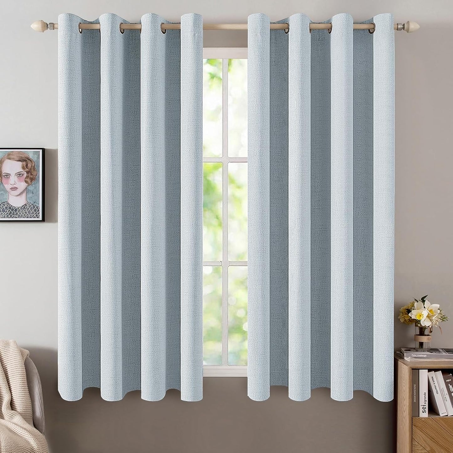 MIULEE Blackout Curtains - 100% Thermal Insulated Linen Textured Drapes | Chambray Blue | 52 x 45 Inch (2 Panels)
