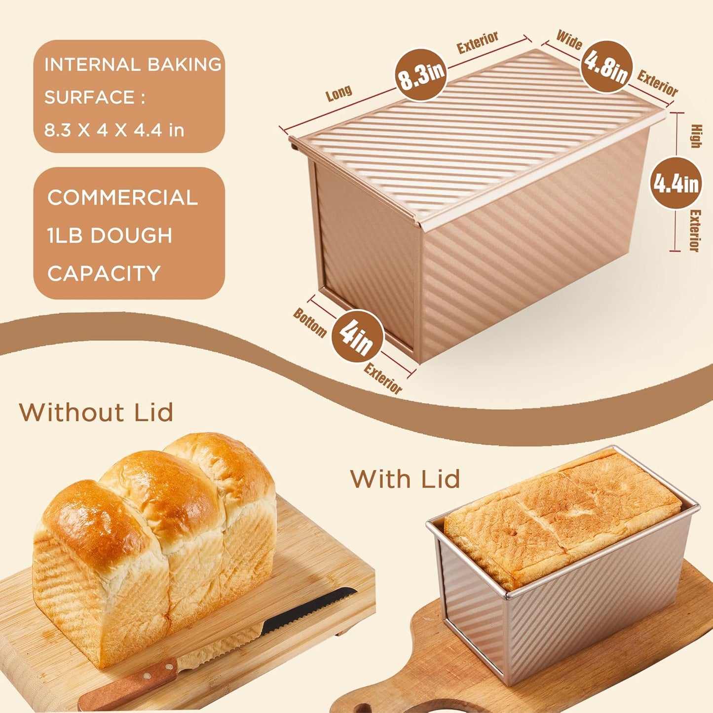 KITESSENSU Pullman Loaf Pan - Non-Stick Bakeware with Lid, 1 lb Capacity, Gold Carbon Steel Mold