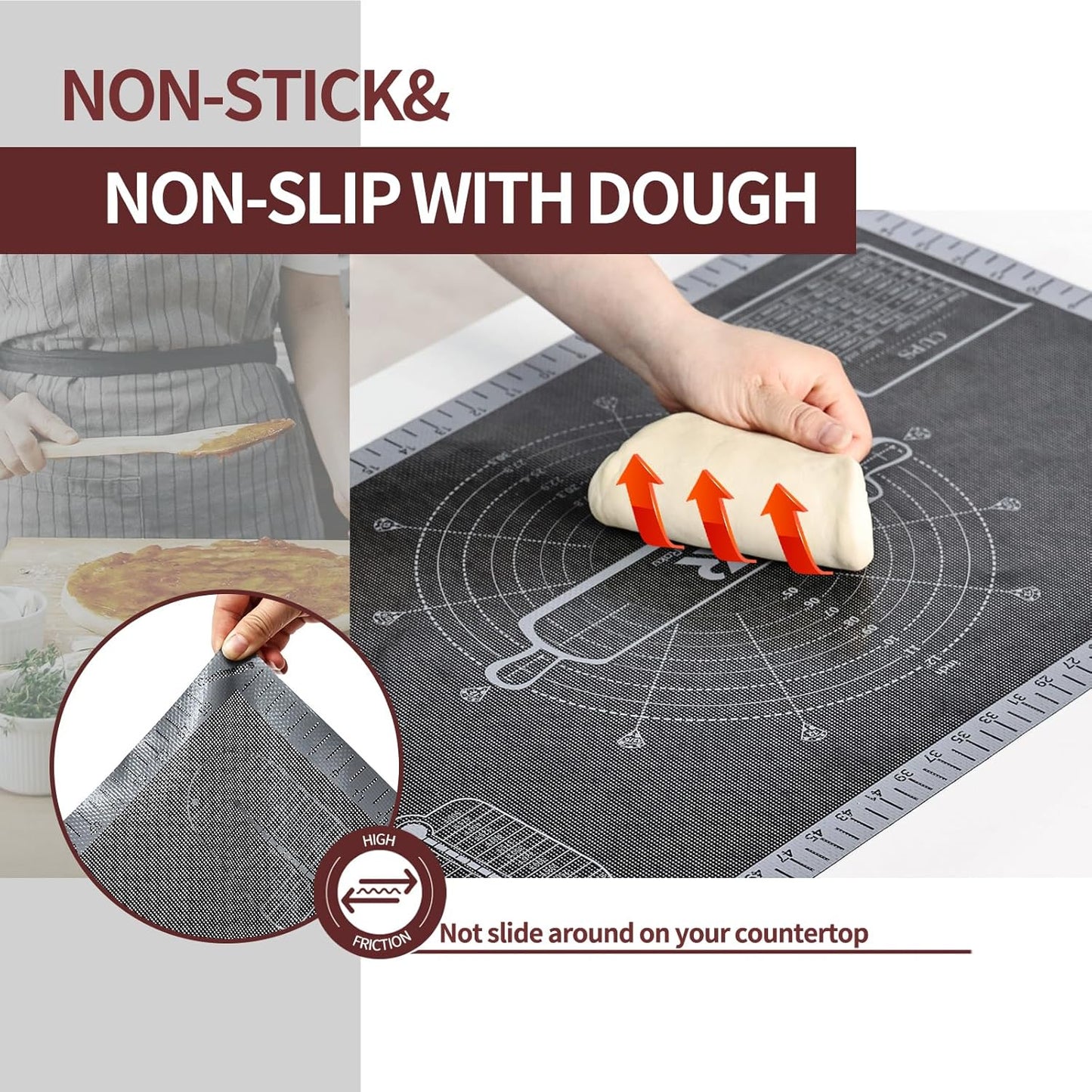 Silicone Pastry Mat - Extra Large Non-Slip Baking Mat with Measurements | 26'' x 16'' Translucent Grey