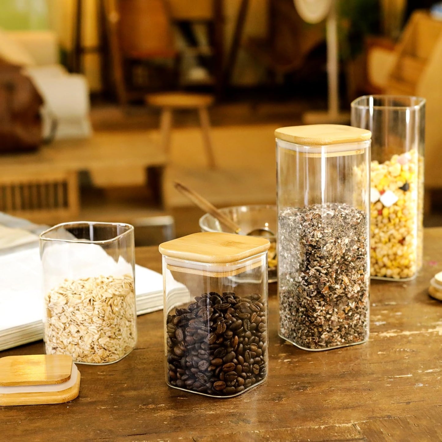 LIBWYS Square Glass Storage Jars - 12-Pack with Bamboo Lids | Stackable Food Containers for Pantry Organization (0.6Qt/1.06Qt)